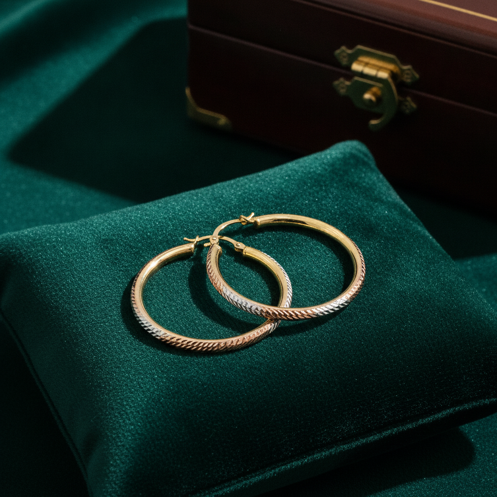 GER72. 14K Gold Tri-Color Hollow Hoop Earrings with Engraved Tornado Design