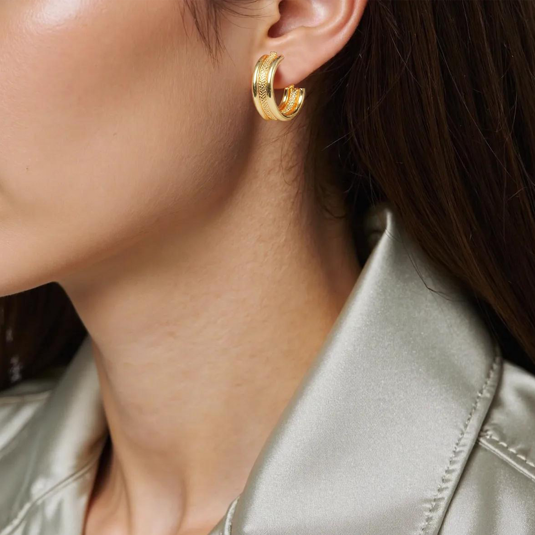 15850025518. 14K Solid Gold Smooth and Textured Triple Line Hollow Hoop Earrings