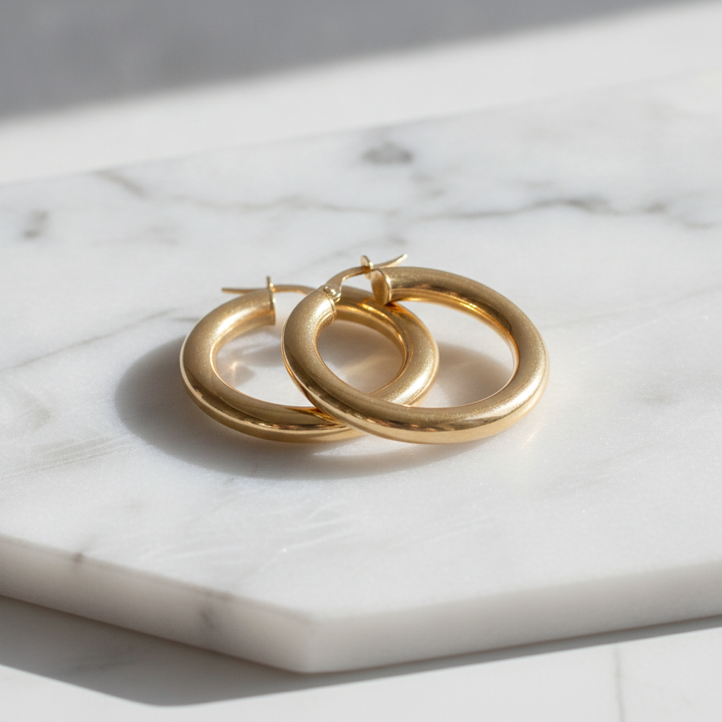 15850000043. 14K Solid Gold Hollow Smooth Hoop Earrings