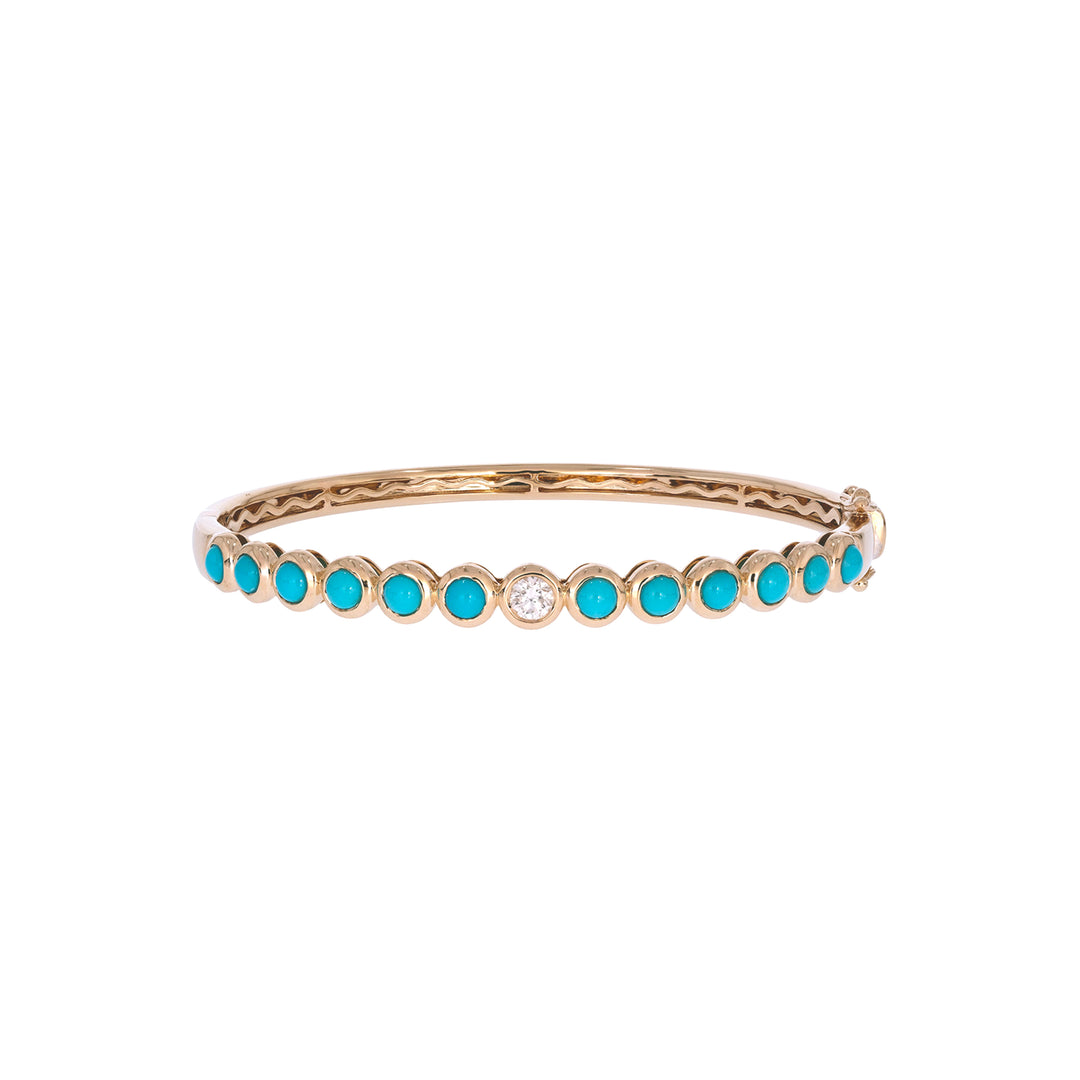 BND68411TQ. 14K Solid Gold Round Diamond and Turquoise Bangle