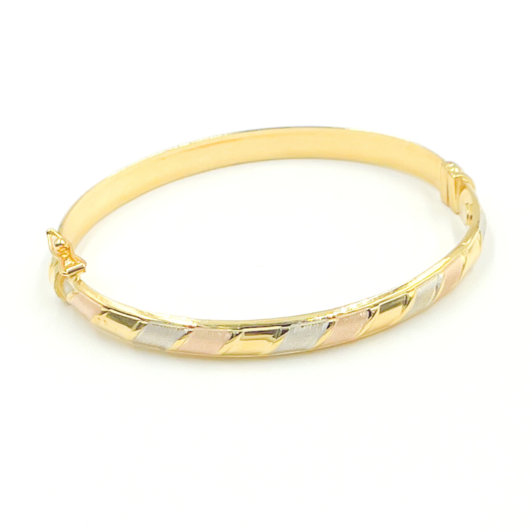 KG118. 14K Solid Gold Tri-Color Matte & Shinny Twisted Bangle