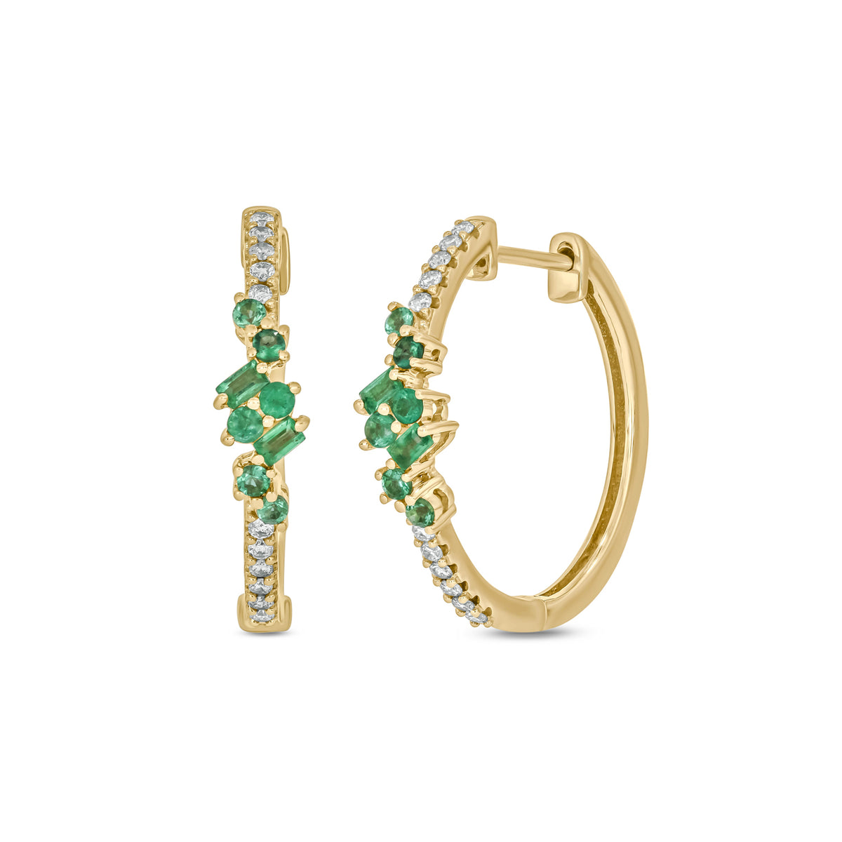EHC56871EM. 14K Solid Gold Diamond and Emerald Hoops