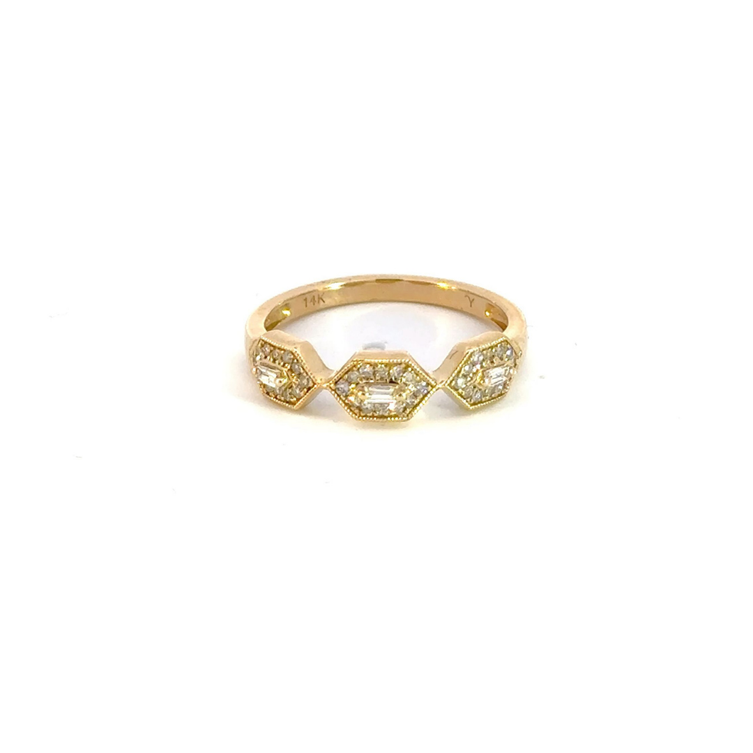 14k Solid Yellow Gold Diamond Hexagons Ring.
