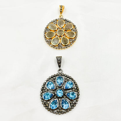 DSP13. Diamond Silver Gemstone Circle Flower Pendant