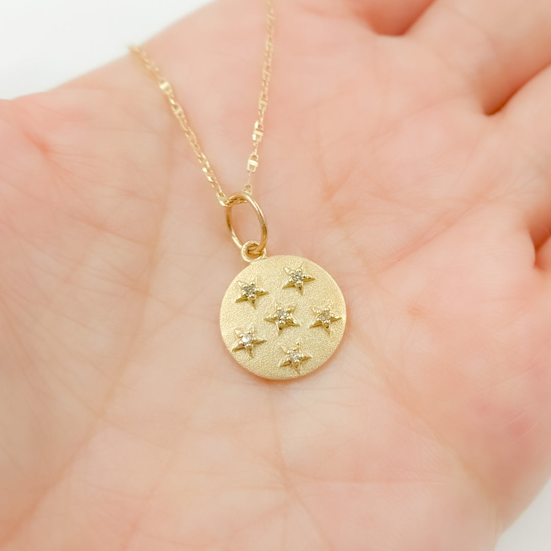 14K Solid Gold Circle Charm with Diamond Stars. GDP537