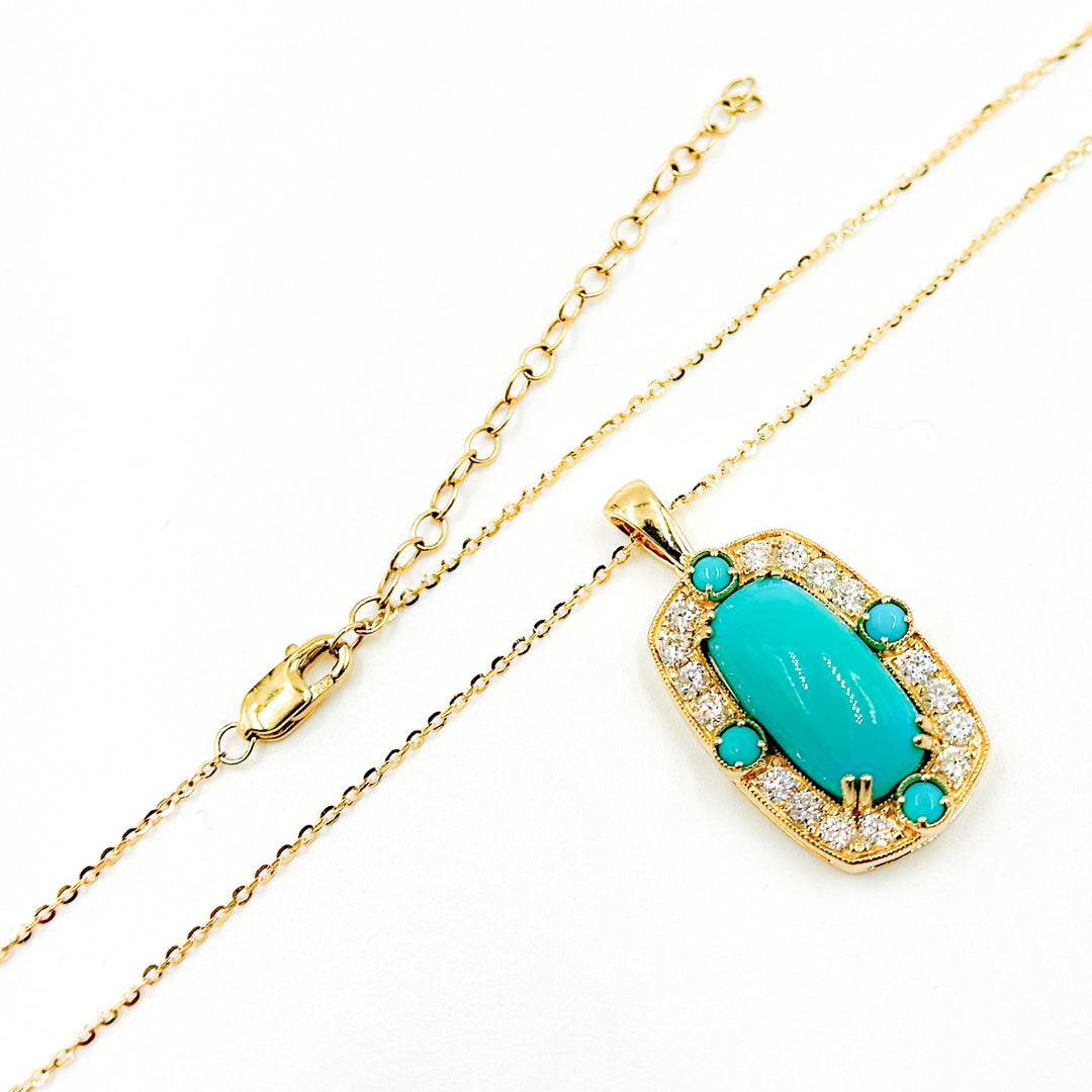 CP97140TQ15X7.5. 14k Solid Gold Diamond and Turquoise Fancy Rectangle Necklace