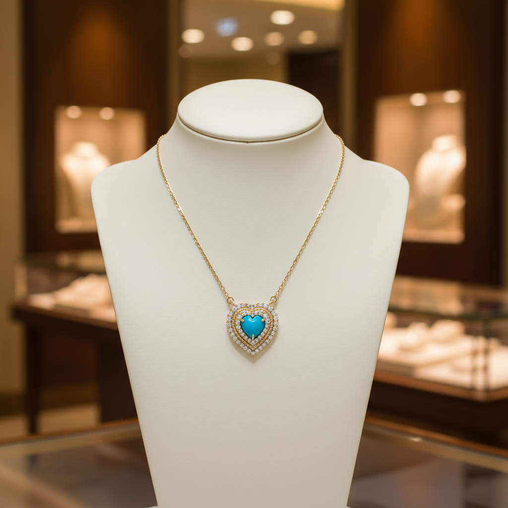 CN97293TQ6. 14K Solid Gold Diamond & Turquoise Heart Necklace
