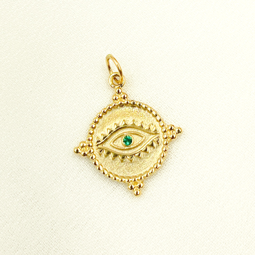 GDP183. 14K Solid Gold Round Eye Charm with Gemstone