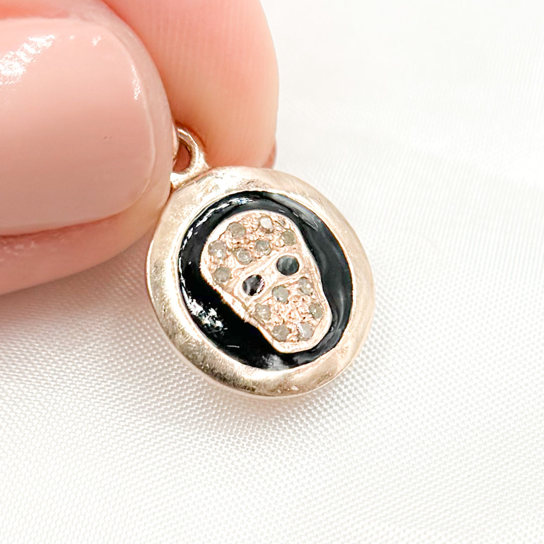 DC131A. Diamond Sterling Silver Round Skull Enamel Charm