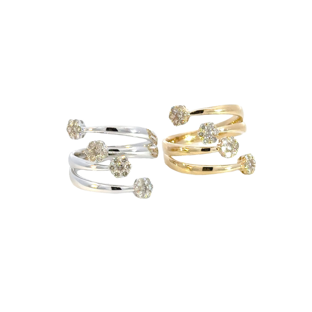 14k Solid Gold Spiral Diamond Flowers Ring.