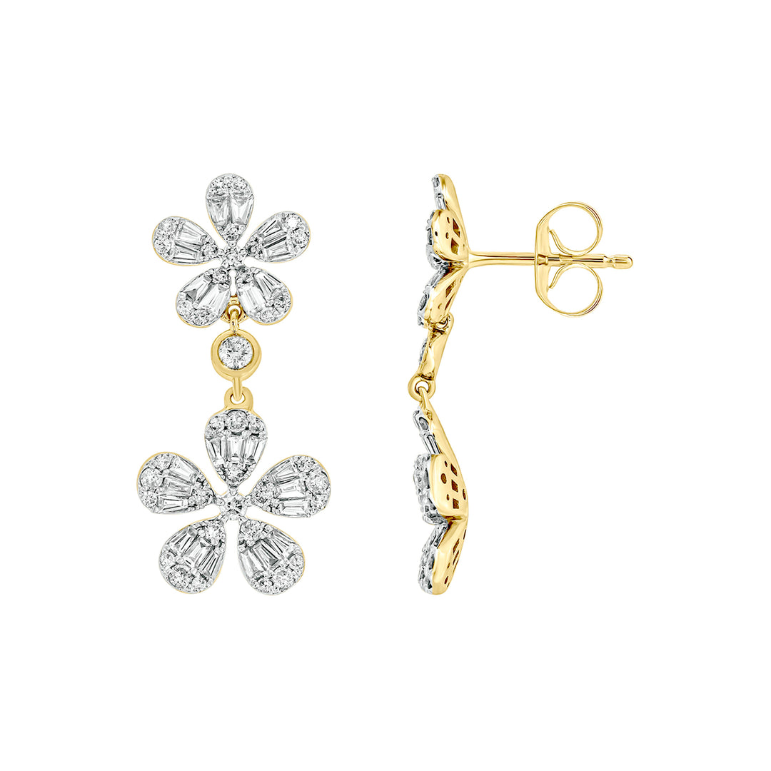 EFM52681. 14K Solid Gold Diamond Baguette Flower Dangle Earrings