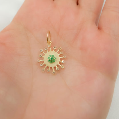 14k Solid Gold Diamond and Emerald Sun Charm. GDP647
