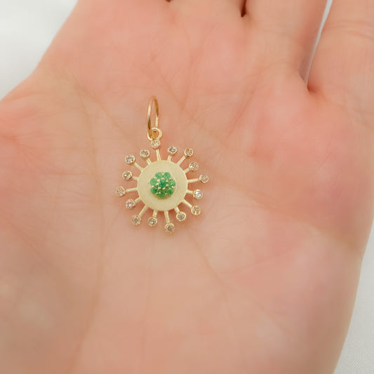 14k Solid Gold Diamond and Emerald Sun Charm. GDP647