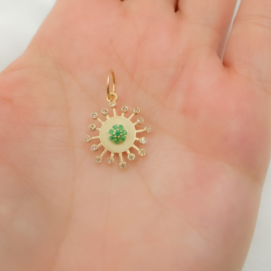 14k Solid Gold Diamond and Emerald Sun Charm. GDP647