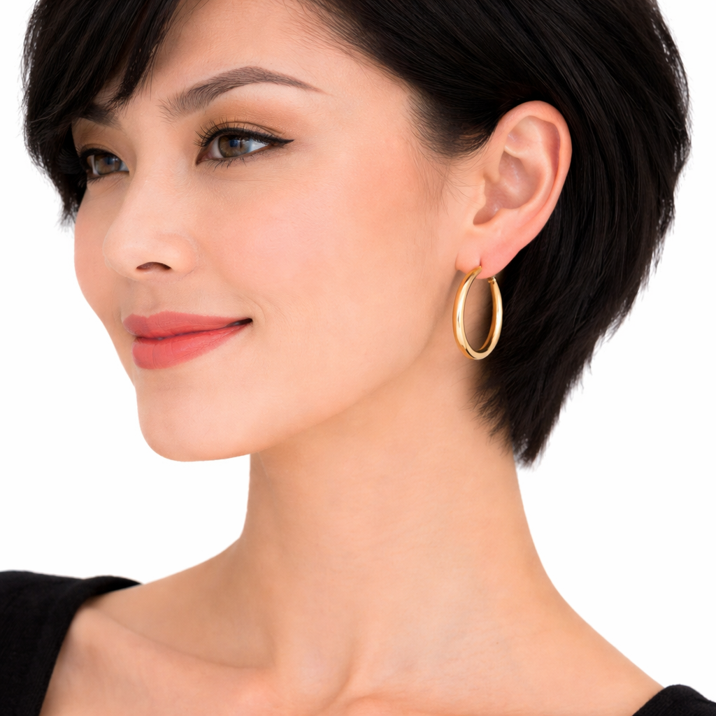 GER169. 14K Gold Hollow Hoop Earrings