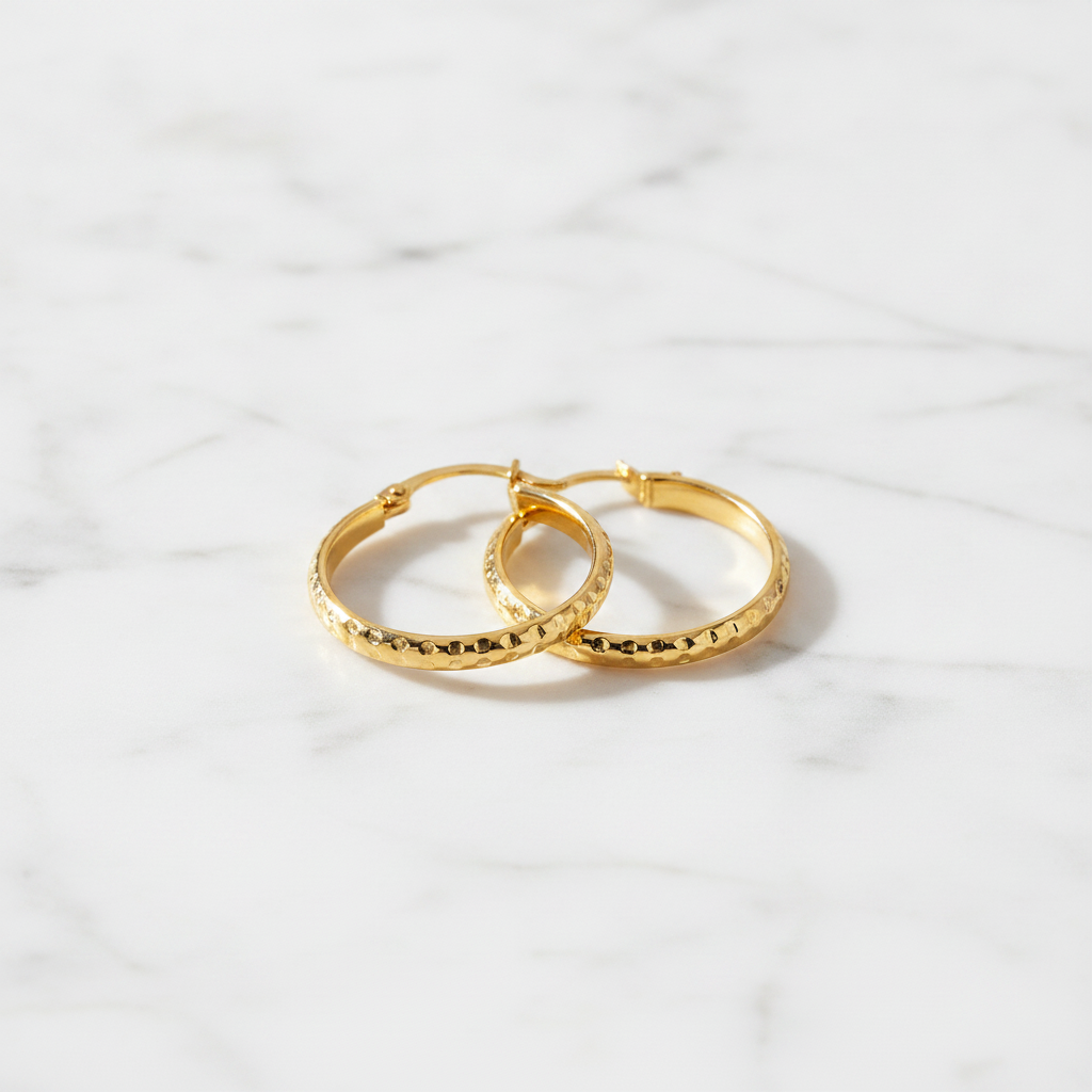GER59. 14K Gold Diamond Cut Hollow Hoop Earrings
