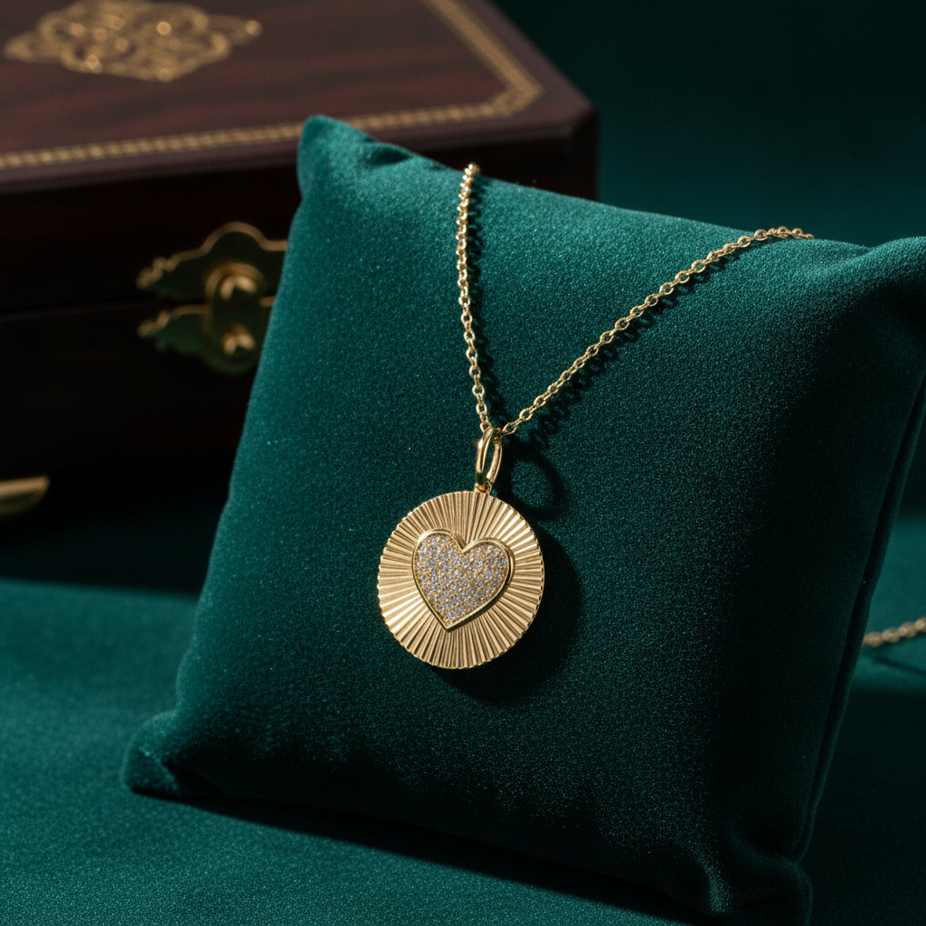 PFC33130. 14K Solid Gold Diamond Heart Medallion Necklace