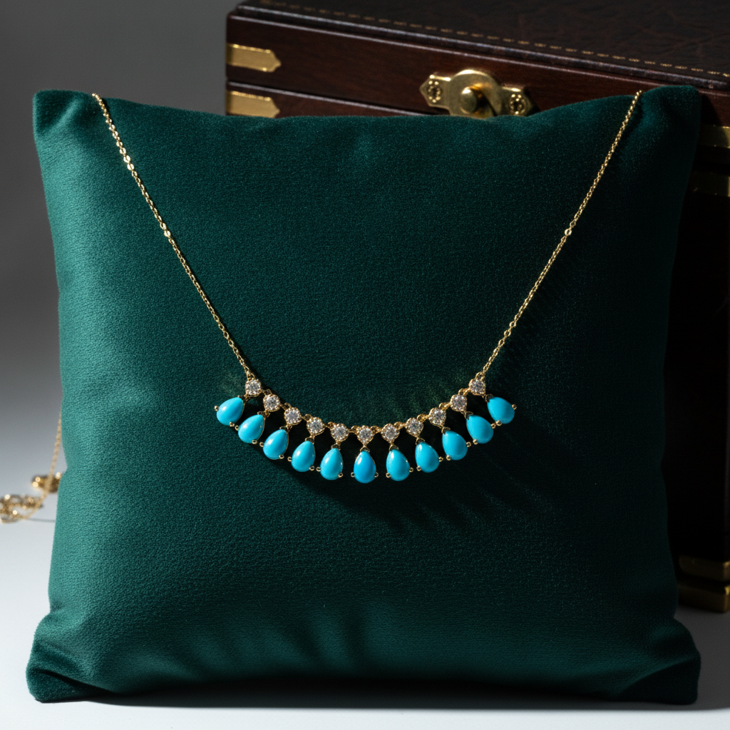 CN97255TQ6X4. 18K Solid Gold Diamond and Turquoise Necklace