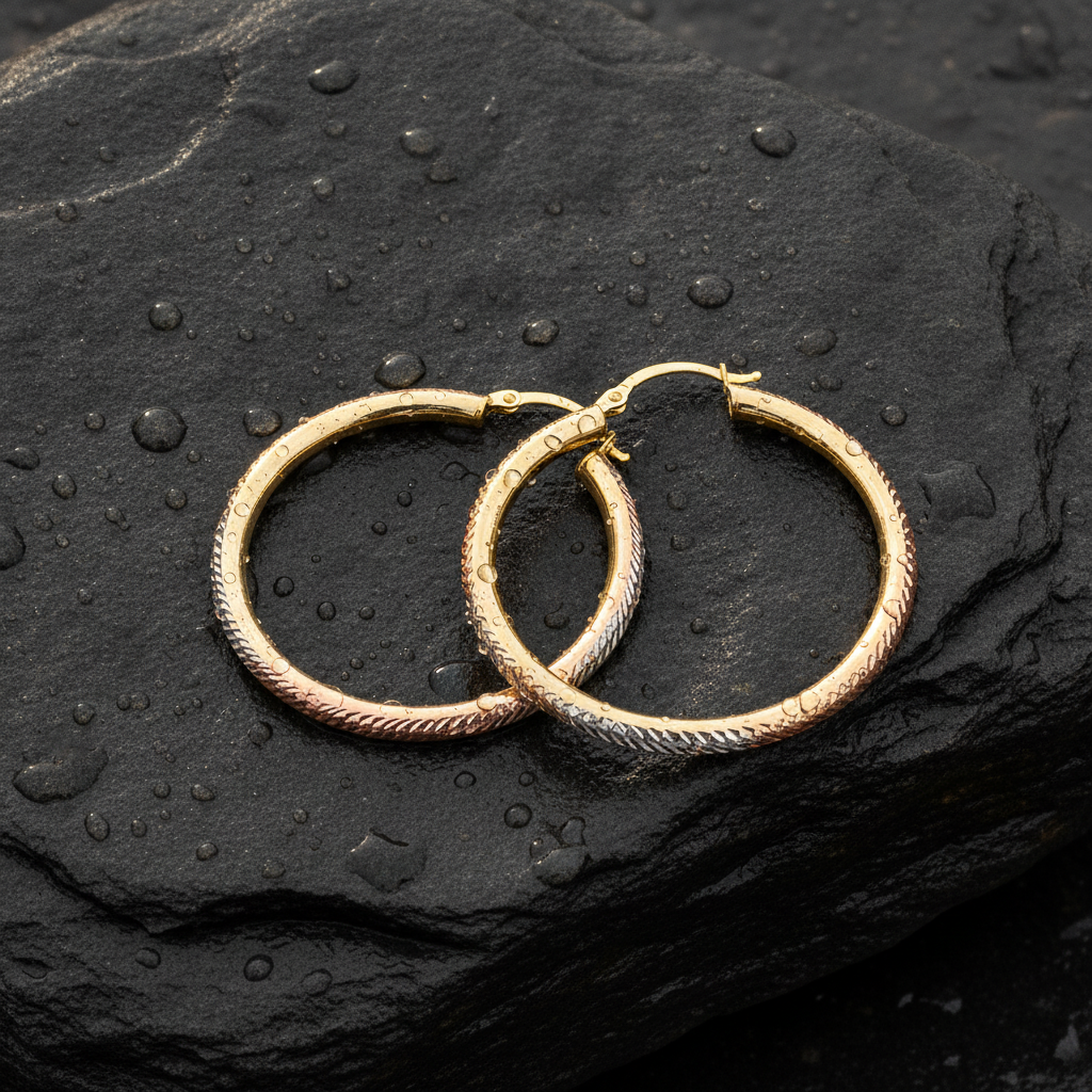 GER72. 14K Gold Tri-Color Hollow Hoop Earrings with Engraved Tornado Design