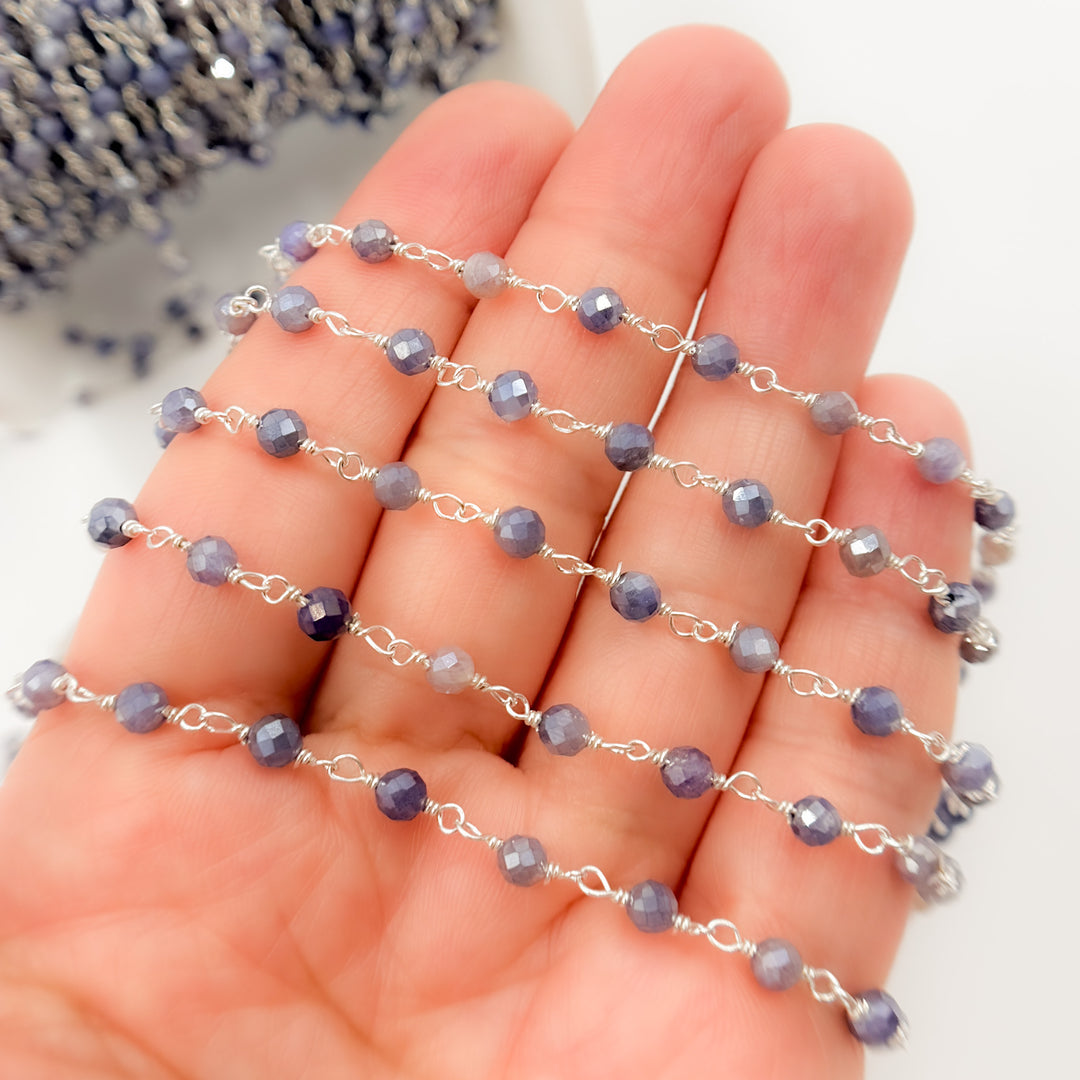 CQU51. Coated Blue Quartz Sterling Silver Wire Wrap Chain