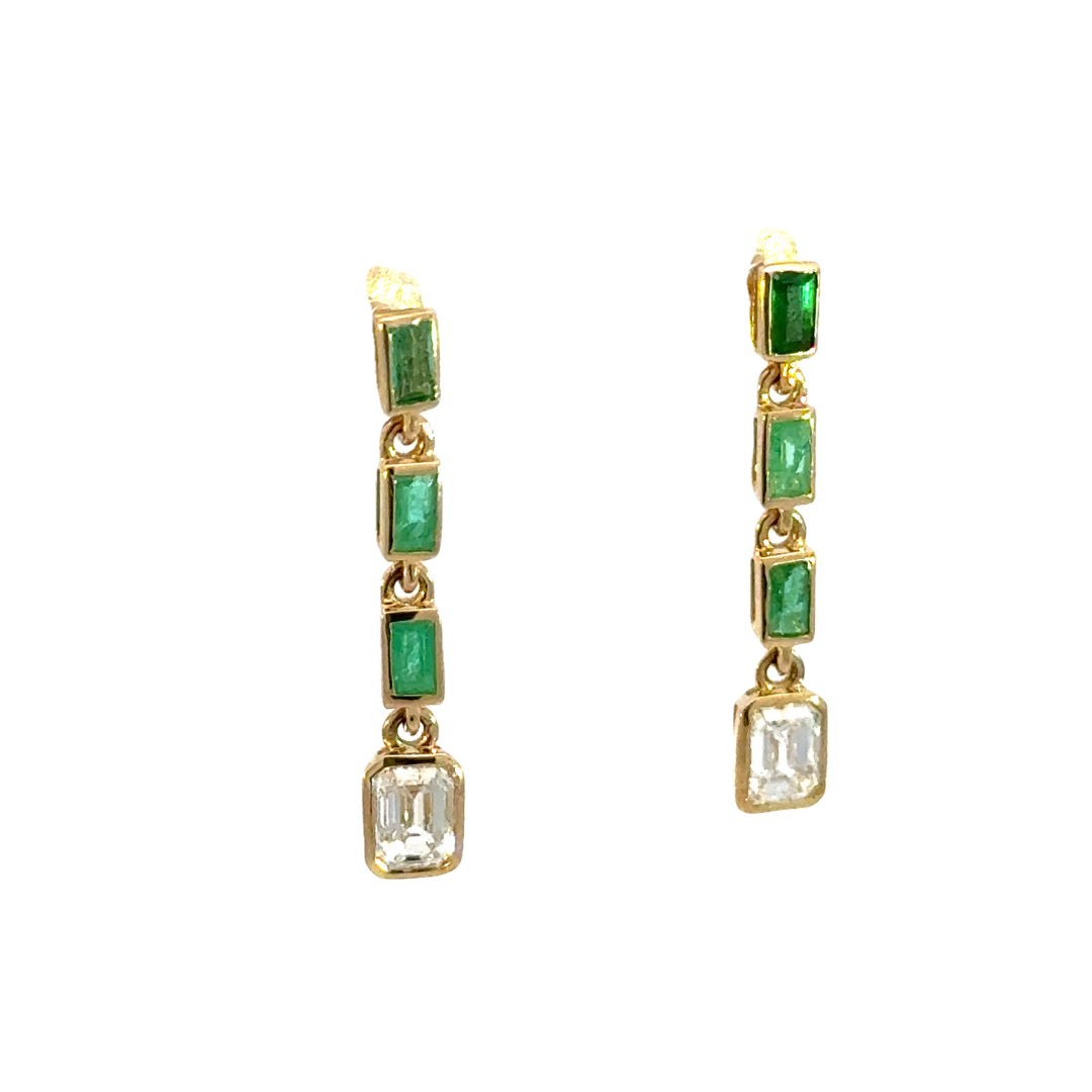 14k Solid Gold Diamond and Emerald Dangle Rectangle Earrings. EFI51973EM