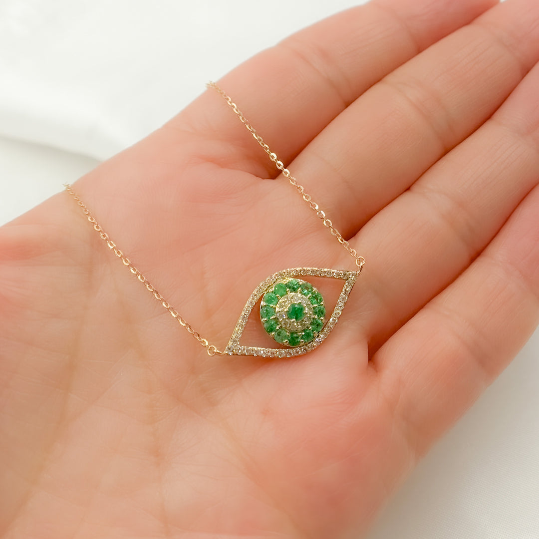 14K Solid Gold Diamond and Emerald Eye Necklace. CN96322EM