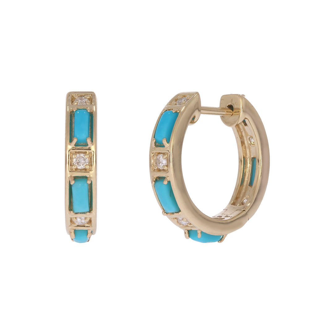 EHC57728TQ. 14K Solid Gold Turquoise and Diamond Hoops