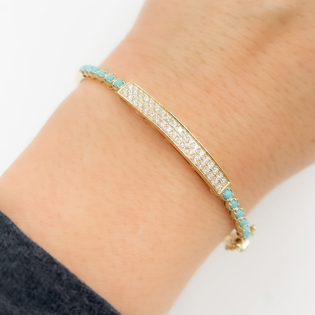 BNH68564TQ. 14K Solid Gold Diamond and Round Turquoise Bangle