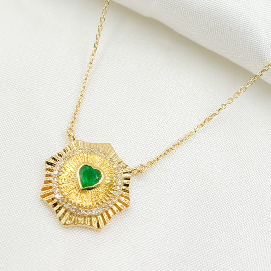 CN96235EM4. 14k Solid Gold Emerald Heart and Diamond Necklace