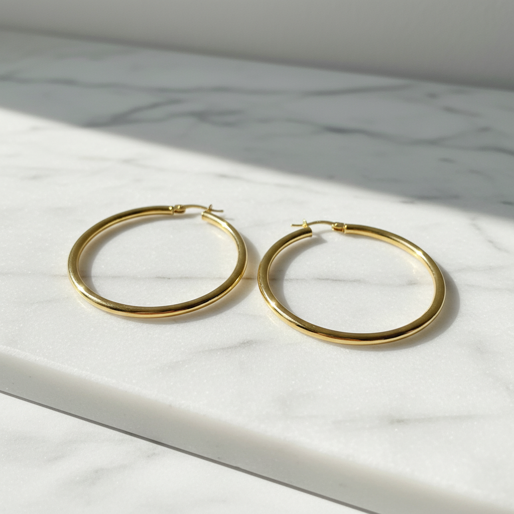 GER165. 14K Solid Gold Hollow Smooth Hoop
