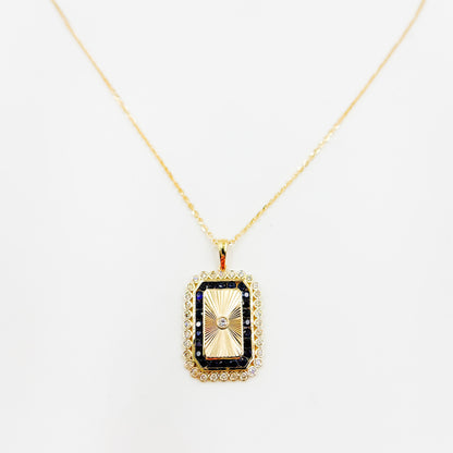 14K Solid Gold Diamond and Blue Sapphire Rectangle Necklace