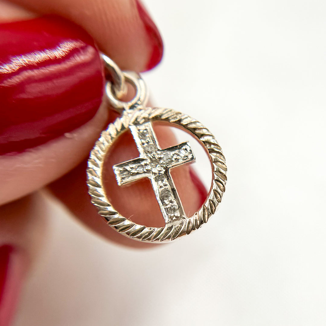 DC328. Diamond Sterling Silver Round Cross Charm