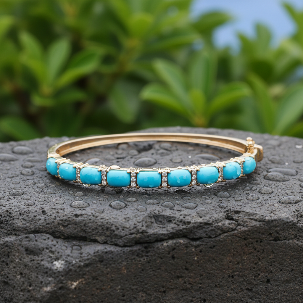 CB97340TQ6X4. 18K Solid Gold Diamond & Turquoise Bangle