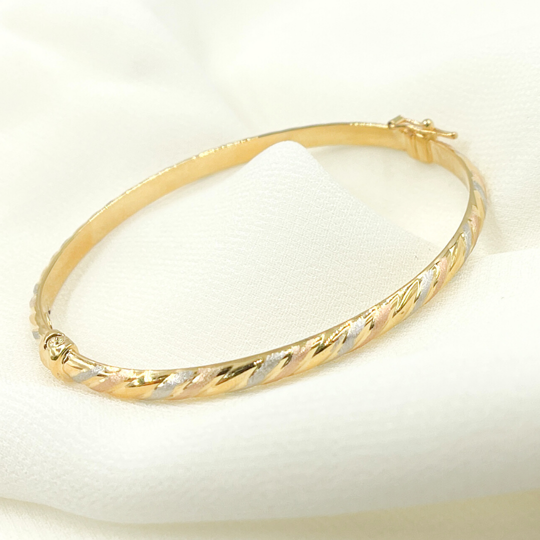 KG114. 14K Solid Gold Tri-Color Twisted Bangle