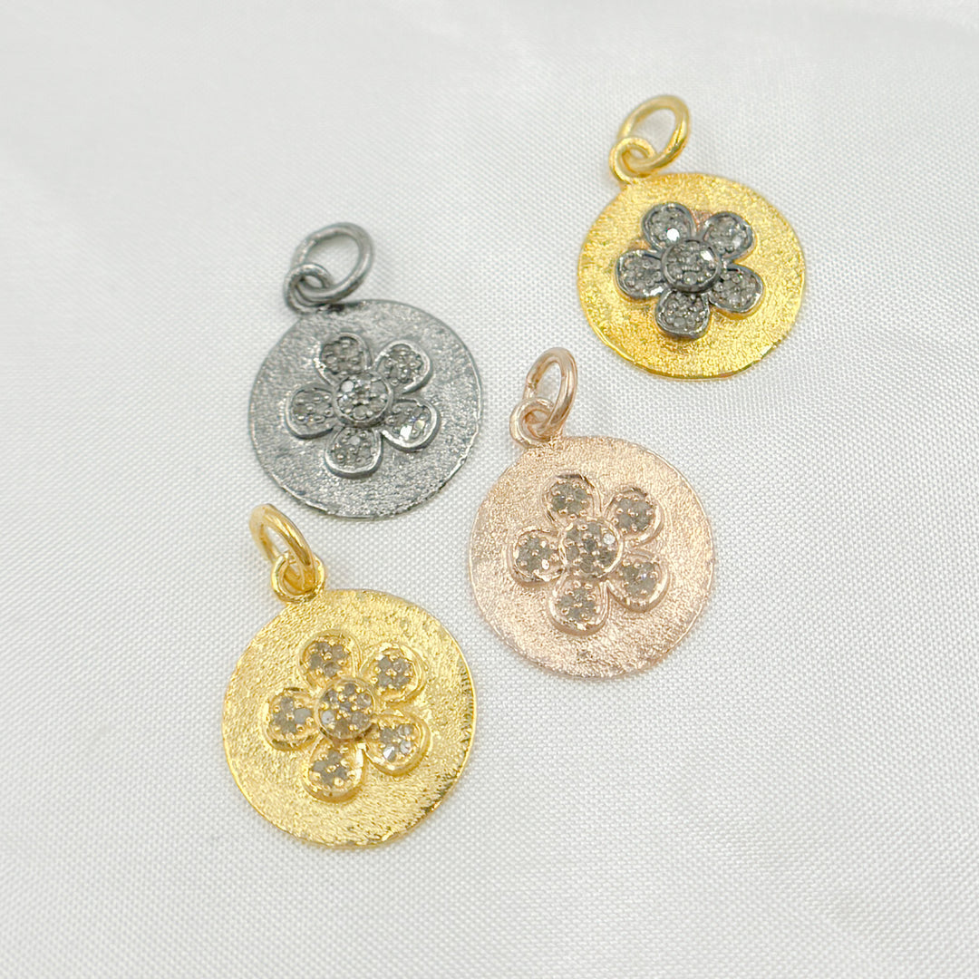 DC427. Pave Diamond & 925 Sterling Silver Black Rhodium, Two Tone (Black Rhodium and Gold Plated), Gold Plated, and Rose Gold Plated Round Flower Charm.