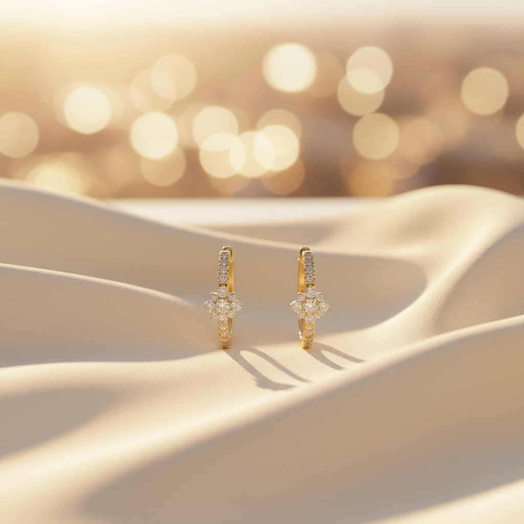 EHF57627. 14K Solid Yellow Gold Diamond Flower Hoop Earrings