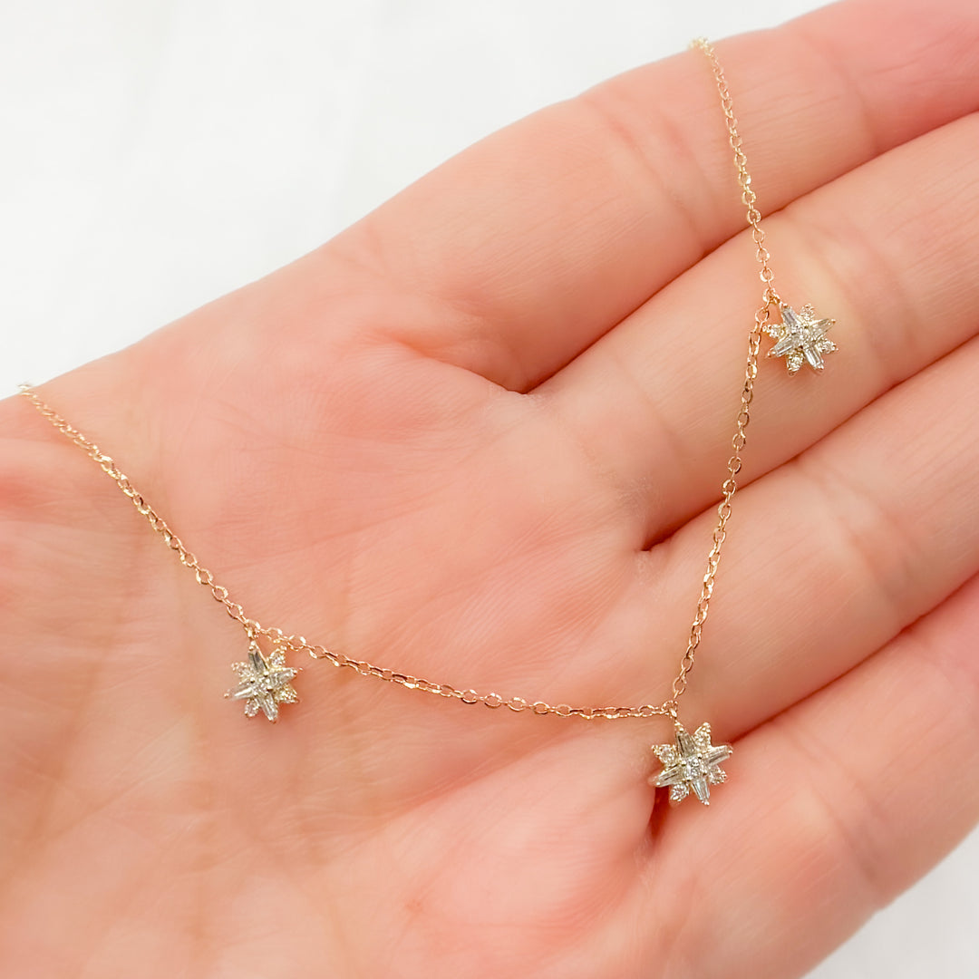 14K Solid Gold 3 Stars Dangle Tiny Necklace