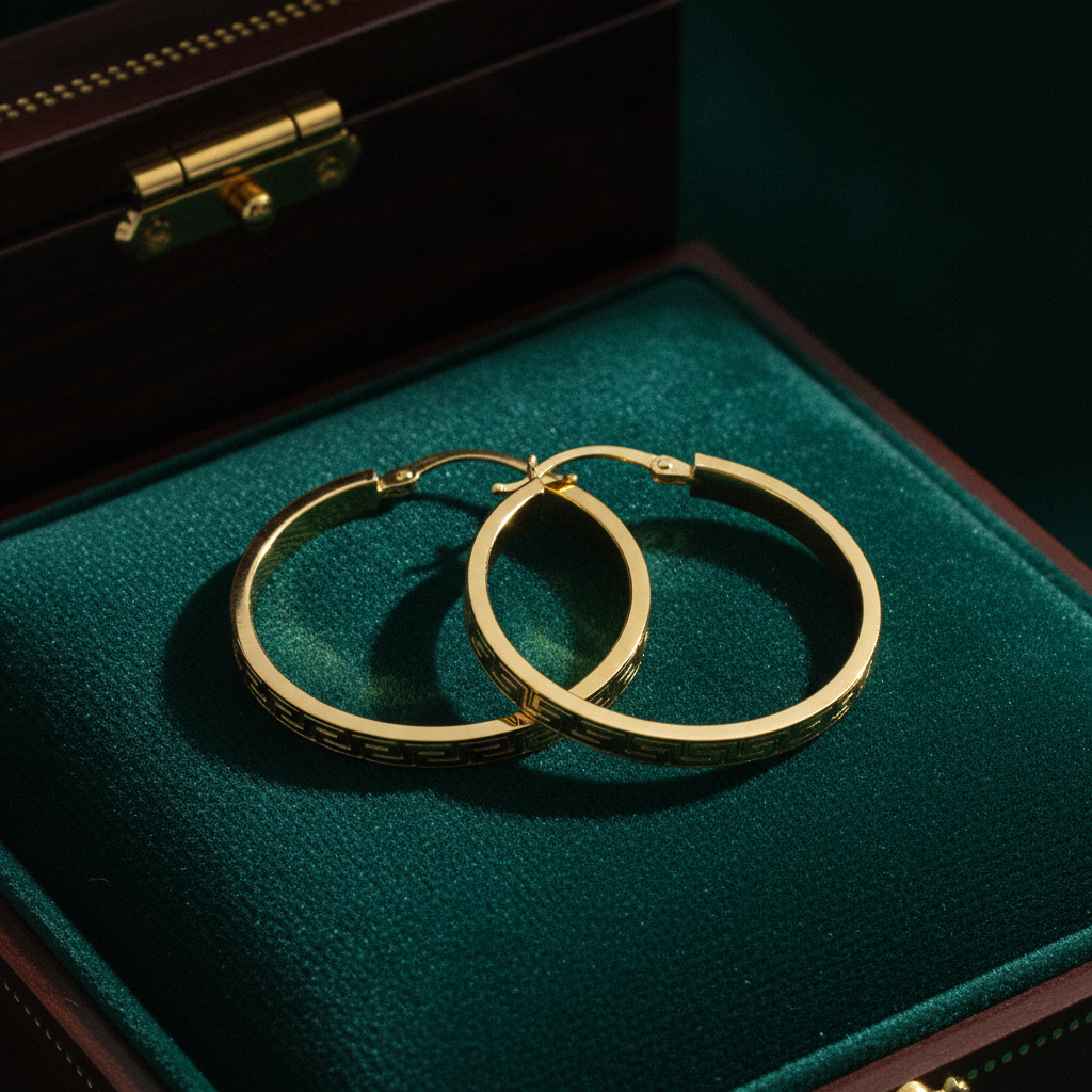 GER57. 14K Gold Hollow Flat Round Hoop Earrings with Texture