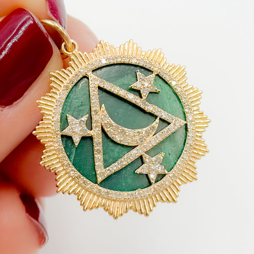 KG306. 14K Solid Gold Round Moon and Stars Pendant