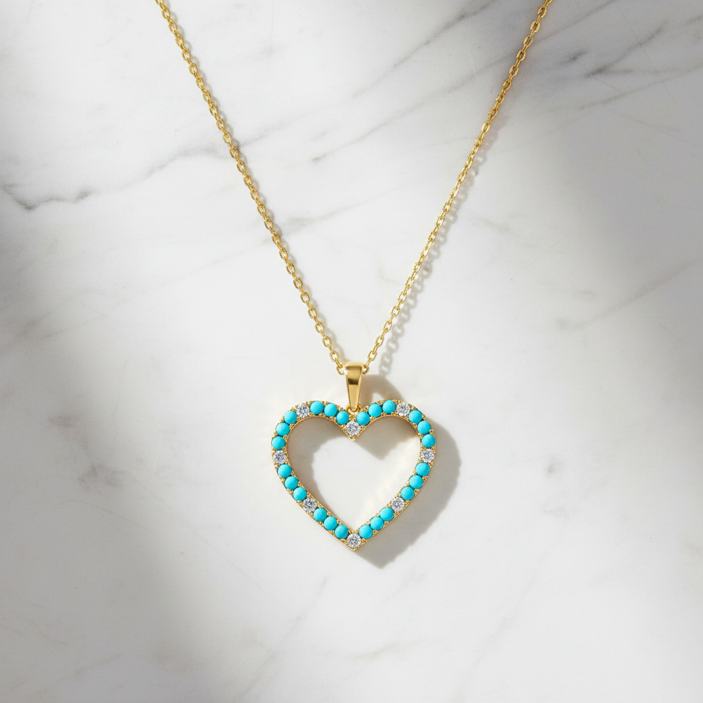 PHB38109TQ. 14K Solid Gold Diamond & Turquoise Heart Pendant