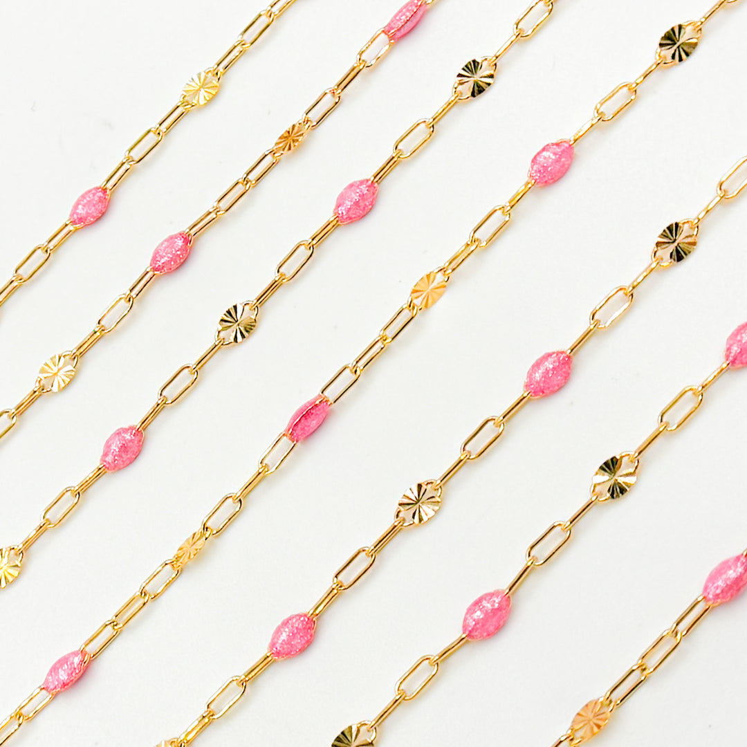 V295RSGF. 14K Gold Filled Rose Color Enamel with Paperclip and Diamond Cut Marina Links