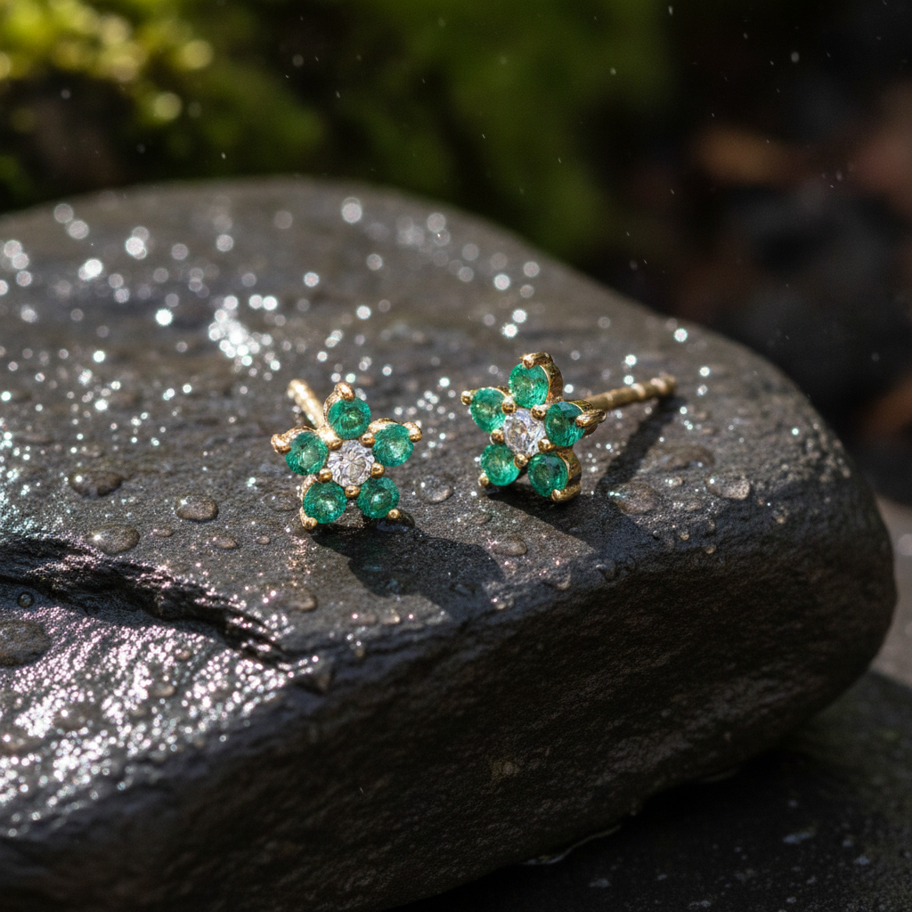 CE97507EM1.8. 14K Solid Gold Diamond and Emerald Flower Stud Earrings