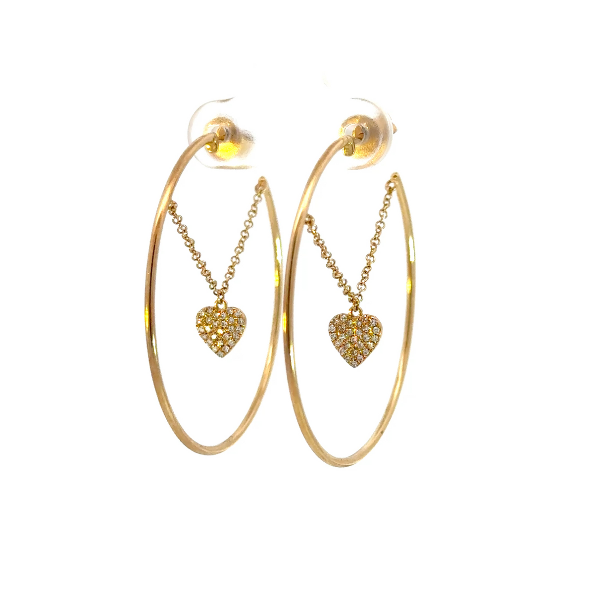 14k Solid Yellow Gold Diamond Heart Dangle Hoops Earrings