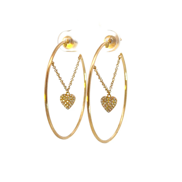 14k Solid Yellow Gold Diamond Heart Dangle Hoops Earrings