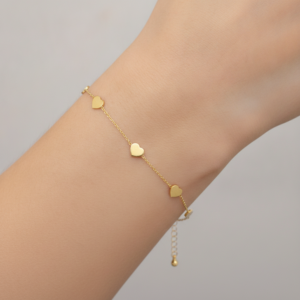 BRSET418. 14k Solid Yellow Gold Heart Link Bracelet
