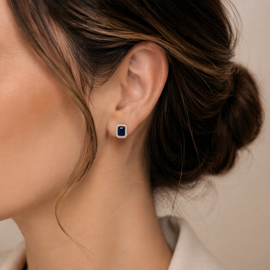 CE97162BS7X5. 14K Solid Gold Diamonds and Blue Sapphire Rectangular Stud Earrings