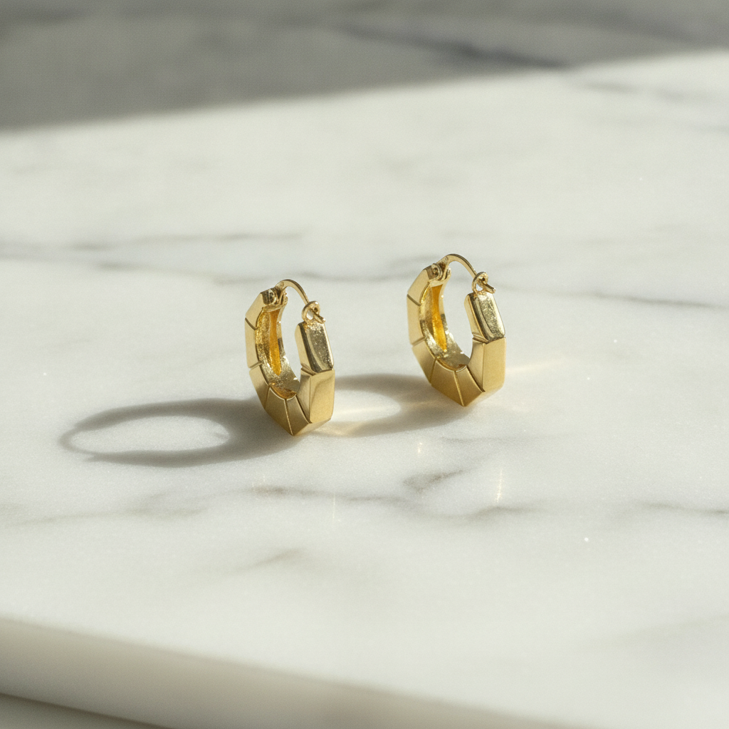 GER135. 14K Gold Hexagon Hollow Hoop Earrings