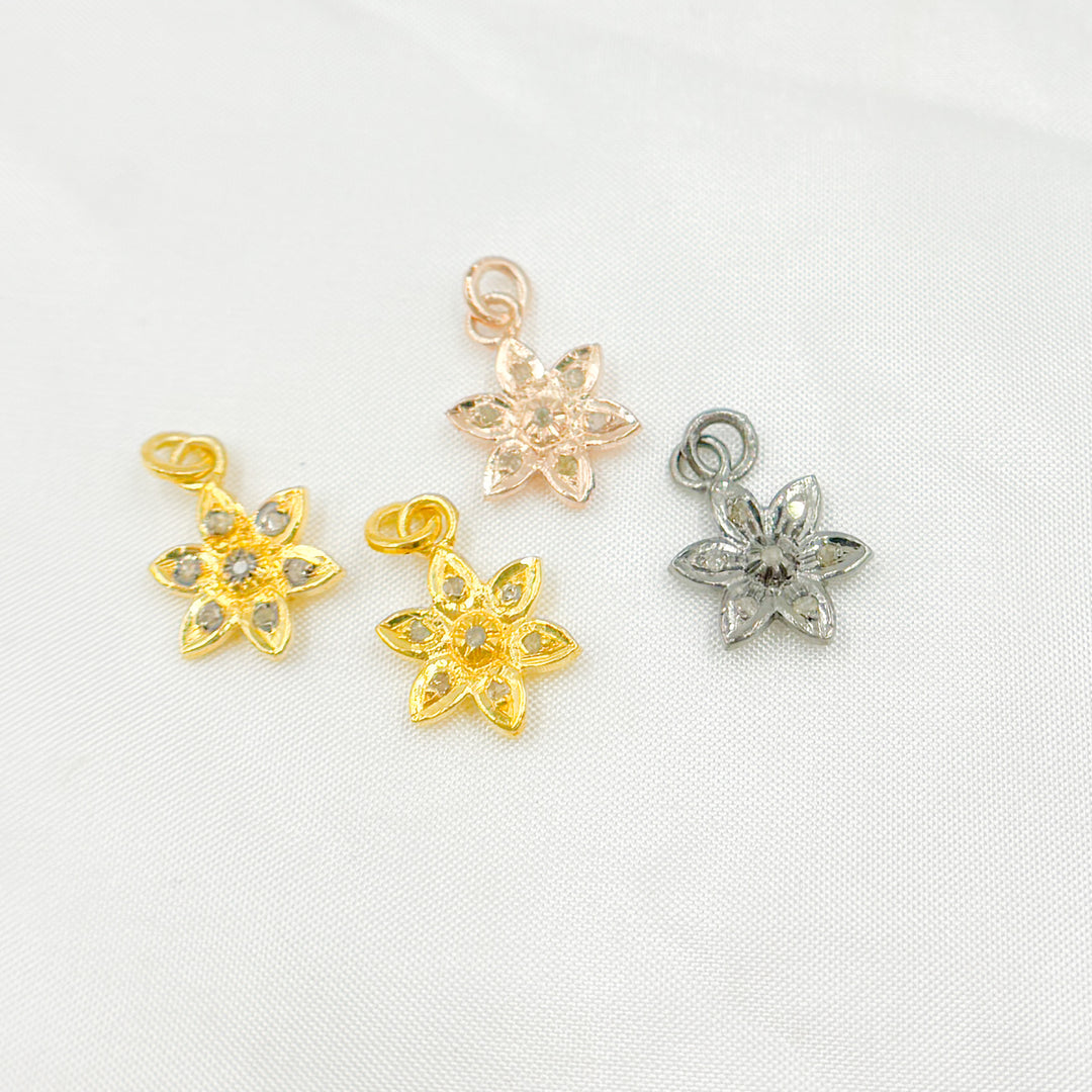 Pave Diamond & 925 Sterling Silver Black Rhodium, Two Tone (Black Rhodium and Gold Plated), Gold Plated, and Rose Gold Plated Flower Charm. DC553
