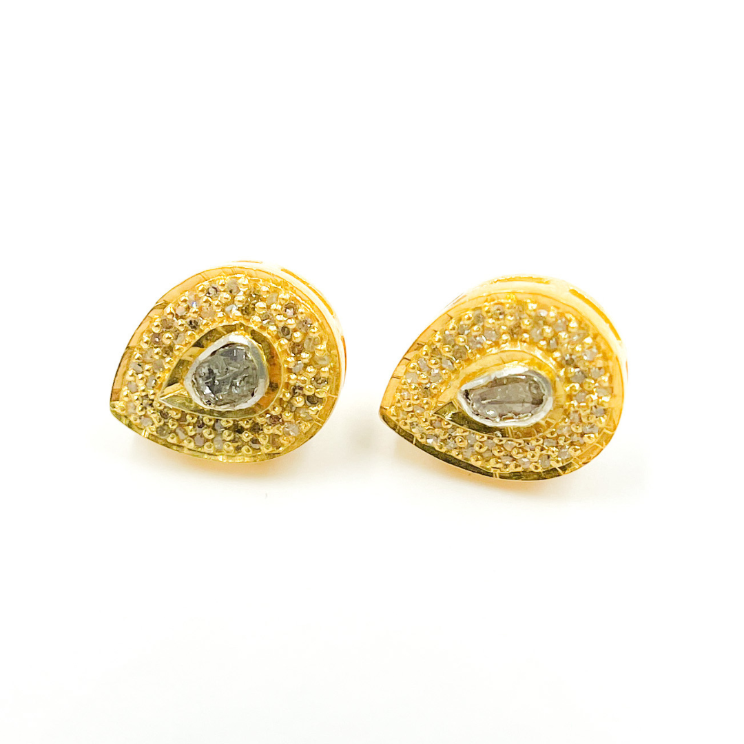 DE041. Pave Diamond and Dark Polka Diamond Silver Drop Studs