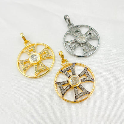 DP457. Diamond Sterling Silver Round Cross Pendant with Polki Diamond